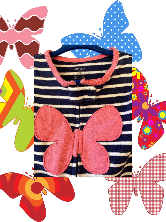 This Carter's appliqué butterfly stripe footed one piece features colorful colors and a pretty big pink butterfly design