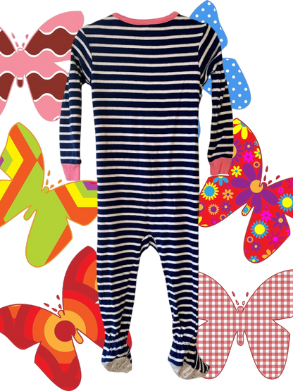 This Carter's appliqué butterfly stripe footed one piece features colorful colors and a pretty big pink butterfly design