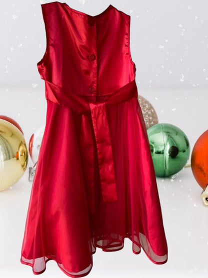 The Holiday Editions girl's sleeveless red floral dress features sequin floral decorations on the top and a front bow for a touch of elegance