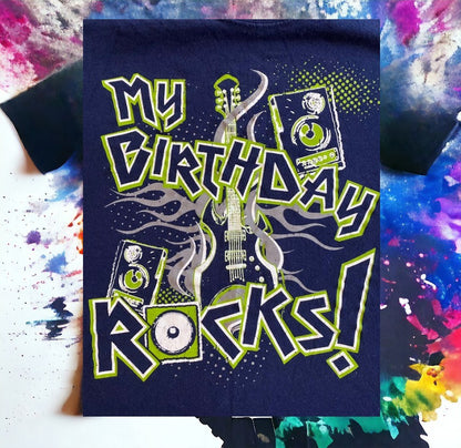 "My Birthday Rocks!" graphics add cool flair to this awesome birthday t-shirt