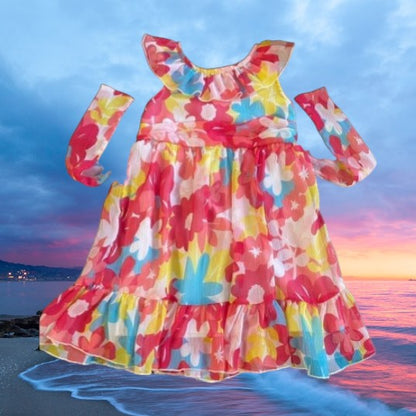 Koala Kids floral ruffle dress boasts a sleeveless, ruffle neckline and convenient pull over design