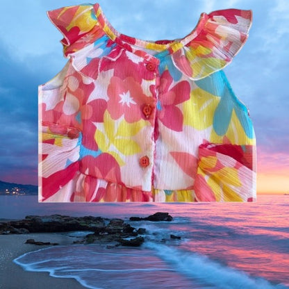 Koala Kids floral ruffle dress boasts a sleeveless, ruffle neckline and convenient pull over design