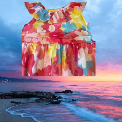 Koala Kids floral ruffle dress boasts a sleeveless, ruffle neckline and convenient pull over design