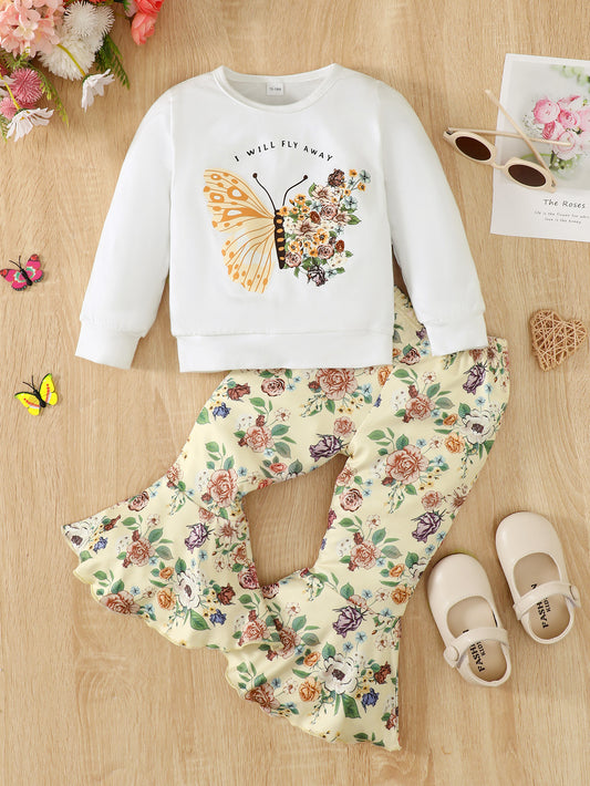 I Will FLY AWAY Butterfly Graphic Tee and Floral Print Flare Pants