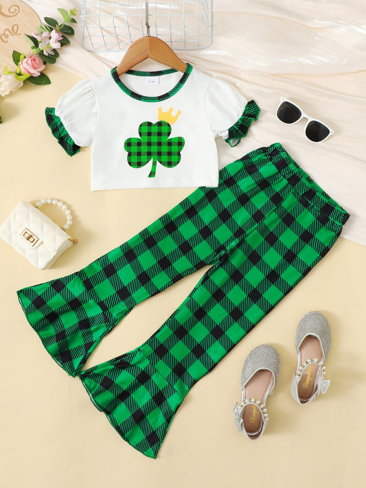 Lucky Clover Top and Plaid Pants Set