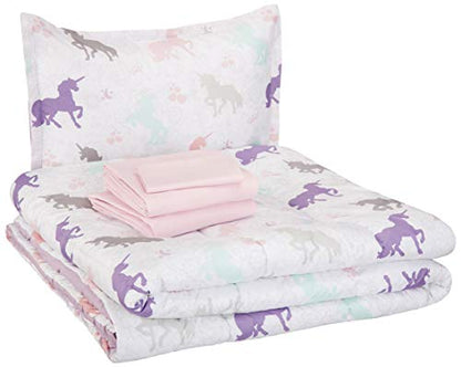 Made from ultra-soft microfiber with a plush polyester comforter fill, this bedding set showcases a charming Purple Unicorn print, 5pcs
