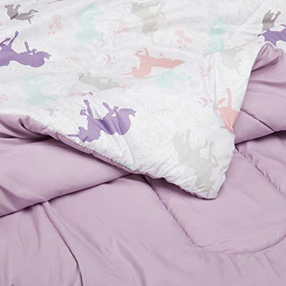 Made from ultra-soft microfiber with a plush polyester comforter fill, this bedding set showcases a charming Purple Unicorn print, 5pcs