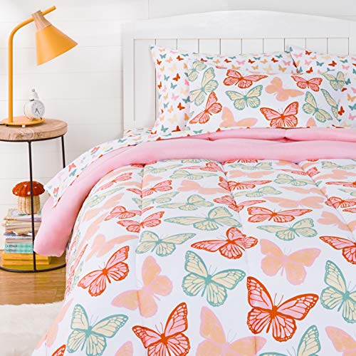 Amazon Basics Kids Bed-in-a-Bag Microfiber Bedding Set, Easy Care, Twin, Butterfly Friends - Set of 5 Pieces