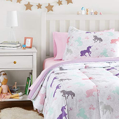 Made from ultra-soft microfiber with a plush polyester comforter fill, this bedding set showcases a charming Purple Unicorn print, 5pcs