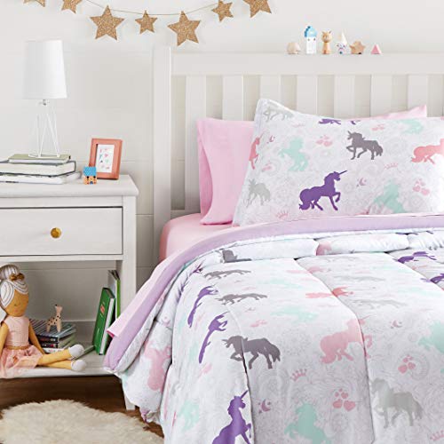 Amazon Basics Kids Bed-in-a-Bag Microfiber Bedding Set, Easy Care, Twin, Purple Unicorns - Set of 5 Pieces